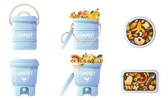 set on the theme of organic compost, eco gardening, composting, agriculture. Compost bin, food waste, container, bucket for composting in the apartment, front view, top view. vector