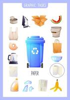 workshop, logic game, search for the right type of garbage for a specific container. Educational game on the topic of waste sorting. The topic of waste sorting for children vector
