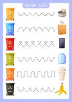 practical training of writing and handwriting for children on the topic of ecological waste sorting. Educational game for developing writing skills. The topic of waste sorting for children vector