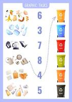 Ecological game for kids, garbage counting exercise, connecting with the right number and finding a garbage container by type of waste. Puzzle, workbook for kids, Earth Day, zero waste. vector