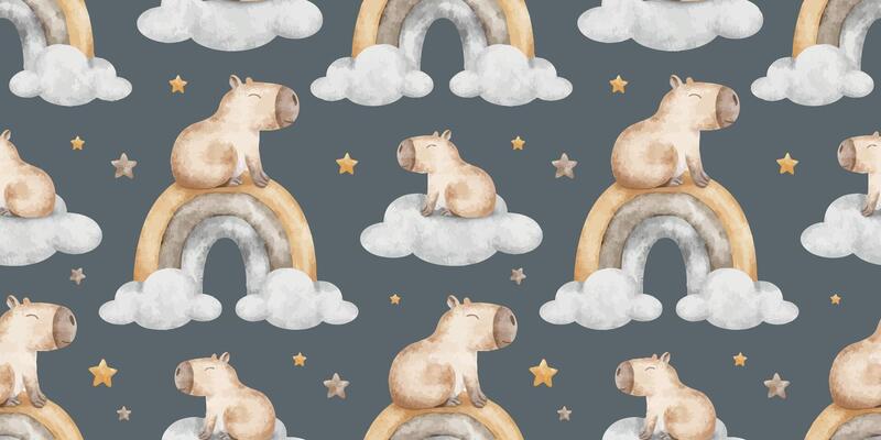 Capybara sit on rainbow, cloud, stars. Dreamy character rodent animal. Hand drawn watercolor seamless surface pattern design on dark background of guinea pig for wallpaper, kids room, fabric, clothes