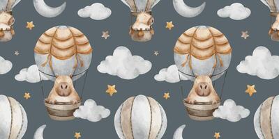 Capybara flying in hot air balloon, clouds, crescent moon and stars. Rodent animal character is traveling. Watercolor seamless pattern on dark background. Kid's print of guinea pig travelling vector