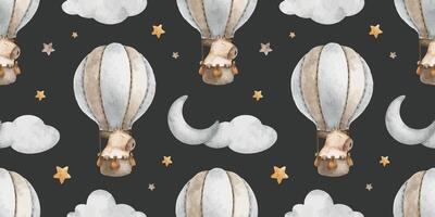 Capybara trip in hot air balloon among clouds, crescent moon and stars. Rodent animal character is traveling. Watercolor seamless surface pattern design on dark background. Kid's print of guinea pig vector