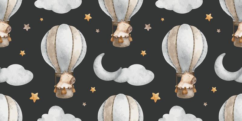 Capybara trip in hot air balloon among clouds, crescent moon and stars. Rodent animal character is traveling. Watercolor seamless surface pattern design on dark background. Kid's print of guinea pig