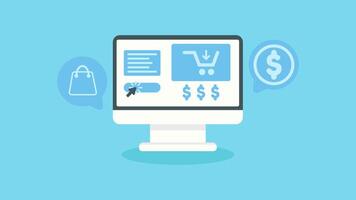 Monitor screen with shopping web view, make lots of money and business. illustration in flat design style vector