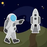 Cute astronaut character next to a rocket spaceship vector