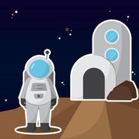 Cute astronaut character next to an outer space building vector