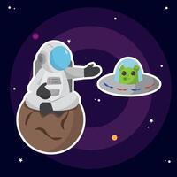 Cute astronaut and green alien character on outer space vector