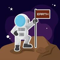 Cute astronaut character with flag on planet vector