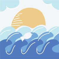 Sun setting over ocean waves and sky. vector