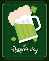 Green beer mug with clovers and foam. vector