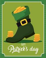Leprechaun boot full of shiny gold coins. vector