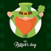 Happy leprechaun with clover in hand. vector