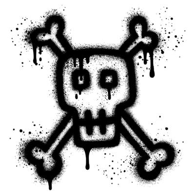 Spray Painted Graffiti skull Sprayed. graffiti skull icon with over spray in black over white.