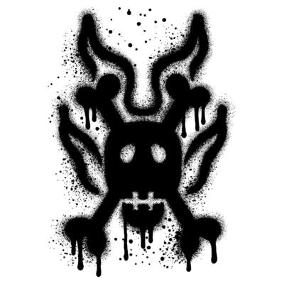 graffiti skull with burning fire sprayed with black spray paint on a white background