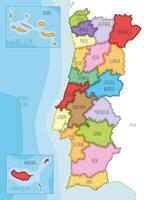 illustrated regional map of Portugal with districts, autonomous regions and administrative divisions, and neighbouring countries and territories. Editable and clearly labeled layers. vector