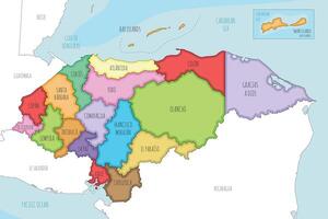 illustrated regional map of Honduras with departments and administrative divisions, and neighbouring countries and territories. Editable and clearly labeled layers. vector