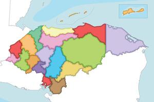 illustrated regional blank map of Honduras with departments and administrative divisions, and neighbouring countries and territories. Editable and clearly labeled layers. vector