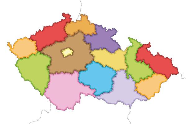 illustrated blank map of Czechia or Czech Republic with regions and administrative divisions, and neighbouring countries and territories. Editable and clearly labeled layers.