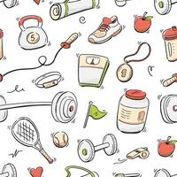 A seamless pattern with various fitness equipment vector