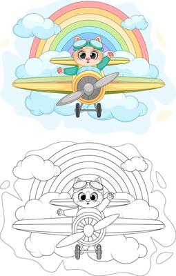 Cute Pilot Cat Flying an Airplane. Color and Coloring Page in One Illustration
