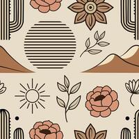 Seamless boho pattern with cactus, flowers, sun, mountains, and leaves in warm earthy tones. Great for nature-inspired, rustic, and southwestern design themes. vector