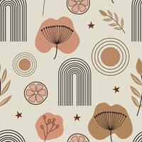 Seamless boho pattern with rainbows, flowers, citrus slices, stars, and leaves in warm earthy tones. Ideal for textile, branding, and creative design projects. vector