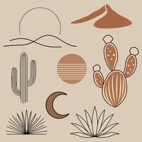 Minimal boho desert clipart with cactus, moon, sun, mountain, and plant elements in earthy tones. Great for nature, western, and rustic design themes. vector