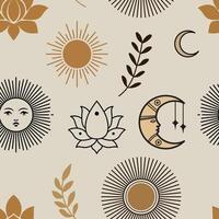 Seamless celestial boho pattern with sun, moon, stars, lotus flowers, and leaves in earthy tones. Ideal for spiritual, mystical, and nature-inspired design projects. vector
