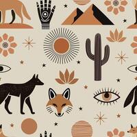 Seamless boho desert pattern with foxes, eyes, sun symbols, cacti, stars, and flowers in earthy tones. Ideal for textiles, branding, packaging, and creative projects. vector