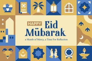 abstract geometric pattern of eid al fitr, ramadan kareem with various islamic icons and symbols for poster and cover vector