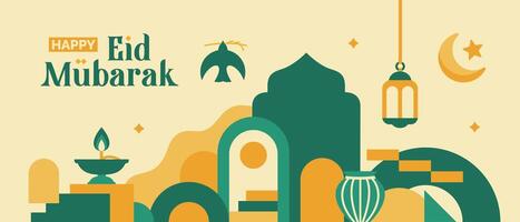 collection of ramadan kareem design elements in the form of green landscapes, mosque domes and islamic icons, crescent moon in flat geometric style vector