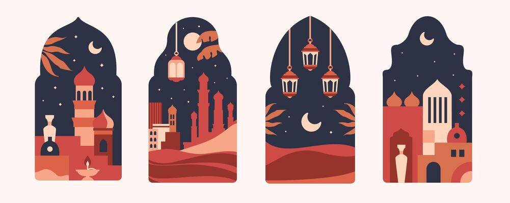 minimalist style window set with night sky, city and desert landscape, boho arabic door design for ramadan and eid