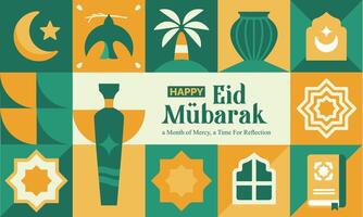 abstract geometric pattern of eid al fitr, ramadan kareem with various islamic icons and symbols in green vector