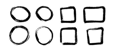 Dry paint stain set. Black grunge ink frame collection. Square and circle brush stroke element pack. Hand drawn charcoal border bundle for poster design, banner, template, text box, collage vector