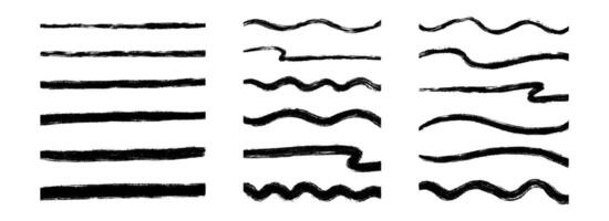Straight and wave paint line set. Thin to thick sketch brush stroke collection. Rough charcoal curved stripes for highlight, underline, emphasis. Hand drawn long and short crayon chalk strips vector