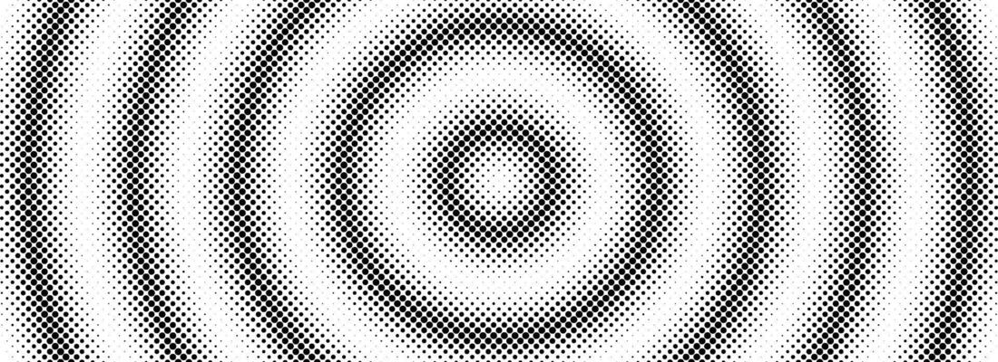 Halftone circle background. Black and white dotted circular gradient. Radial comic target texture. Grunge rough round pop art rasterized backdrop. Fading dot epicenter wallpaper concept.
