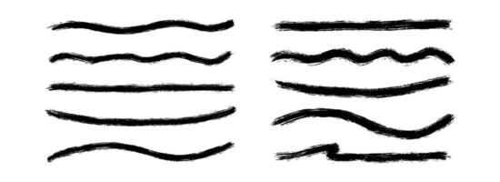 Straight and wavy paint line set. Thin and thick sketch brush stroke collection. Rough charcoal curved stripes for highlight, underline, emphasis. Hand drawn long wave crayon chalk strips vector