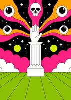 Surreal Psychedelic Hand on Pedestal with Cosmic Eyes and Skull vector