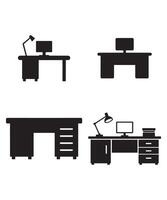 Office Desk Silhouettes with Computer and Lamp Icons vector
