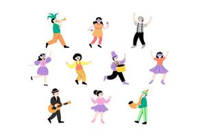 A collection of carnival character illustrations, featuring joyful performers, and dancers in colorful costumes. For festival posters, event promotions, party invitations. vector