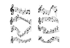 A dynamic collection of wavy music note decorations, featuring flowing musical staffs, notes, and symbols. For concert posters, music event designs, and creative sound-themed projects. vector
