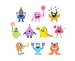 A playful collection of quirky and colorful monster characters celebrating birthdays, for kids' party invitations, greeting cards, fun decorations, and festive designs. vector