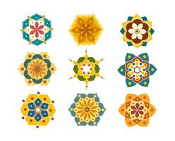 A vibrant collection of mandala ornament illustrations, featuring intricate, symmetrical patterns with bold, harmonious colors, for bohemian designs, spiritual projects, and decorative art vector