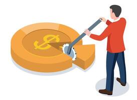 Financial management is symbolized by a businessman slicing a dollar coin with a pizza cutter, representing concepts such as money management, financial planning, and tax payments. vector