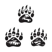Paw Print with Mountain and River Scene Silhouettes. vector
