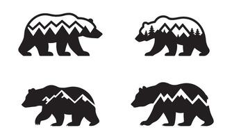 bear Silhouettes with Mountain and Forest Designs. vector