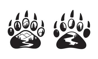 Paw Print with Mountain and River Scene Silhouettes. Fully editable vector