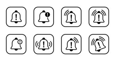 Warning bell icon set collection on square line. Danger caution notification sign symbol vector