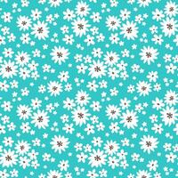 Seamless pattern with white flowers on turquoise background in flat style vector